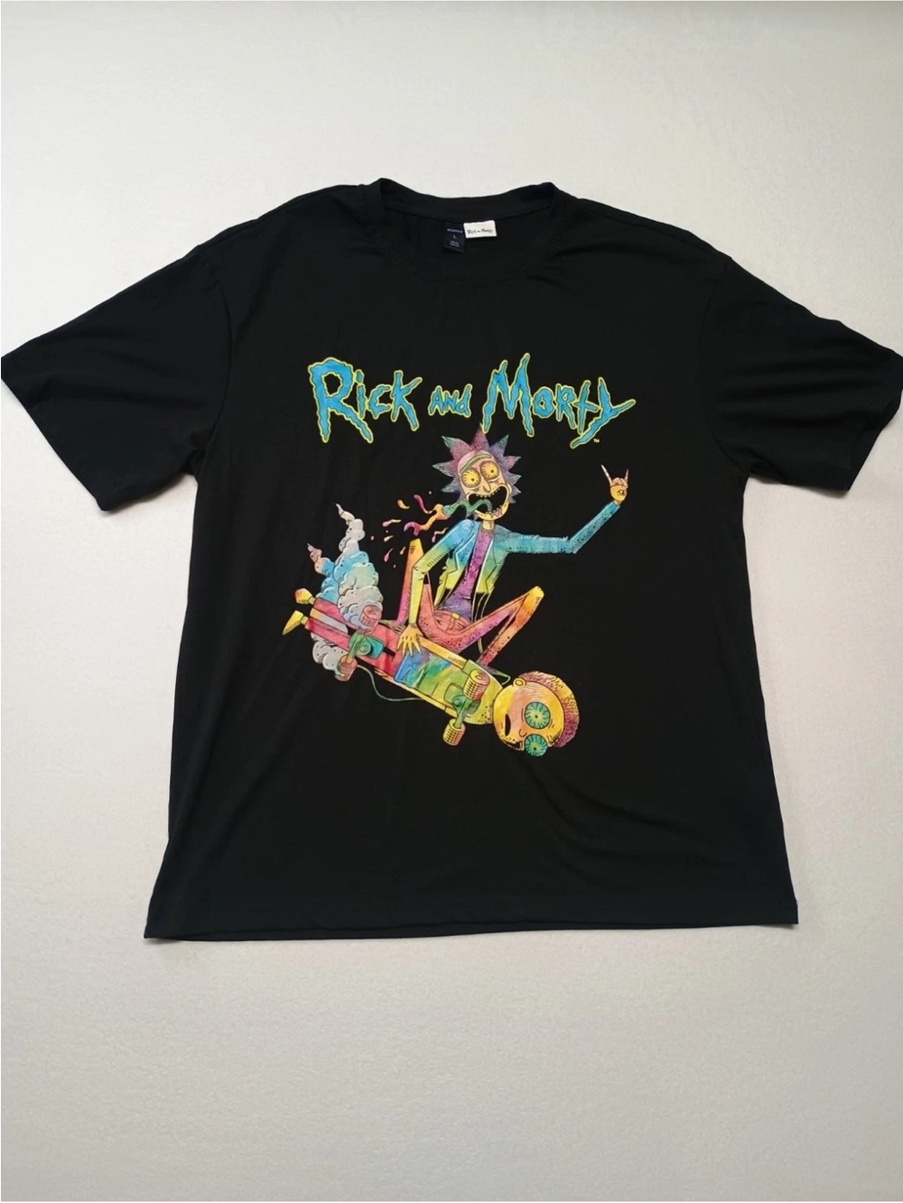 Rick and Morty Psychedelic Rick With Skateboard Morty Black T-Shirt Size Large